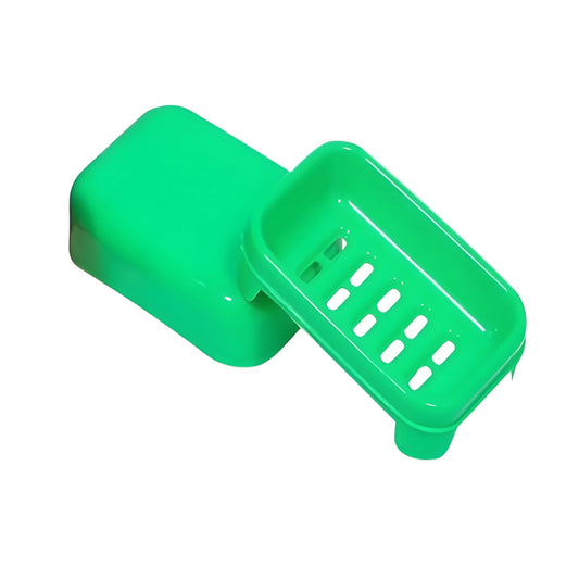 Waterproof soap storage case, green hinged lid with perforated draining tray