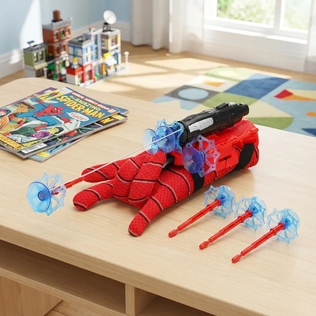 Red kids web shooter toy with black launcher, blue web blasters, and three blue-tipped rods