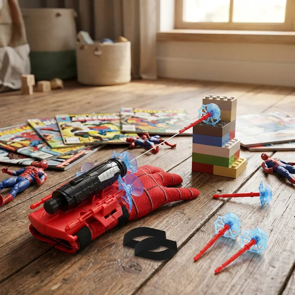 Kids web shooter toy set with red glove launcher, blue web shooters, black handle