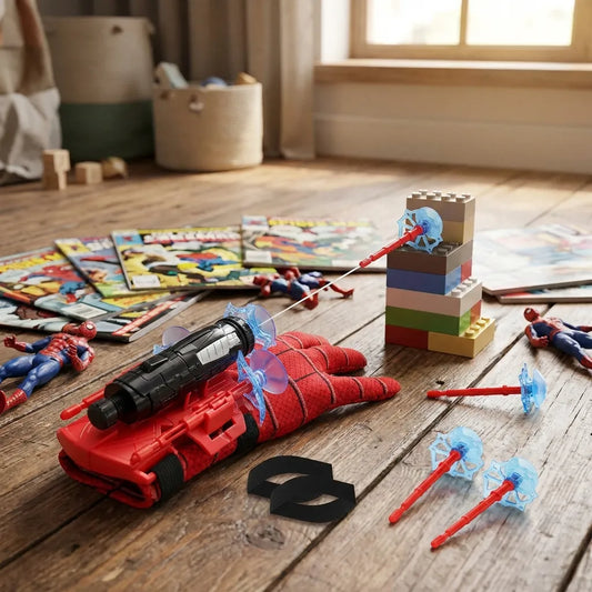 Kids web shooter toy set with red glove launcher, blue web shooters, black handle