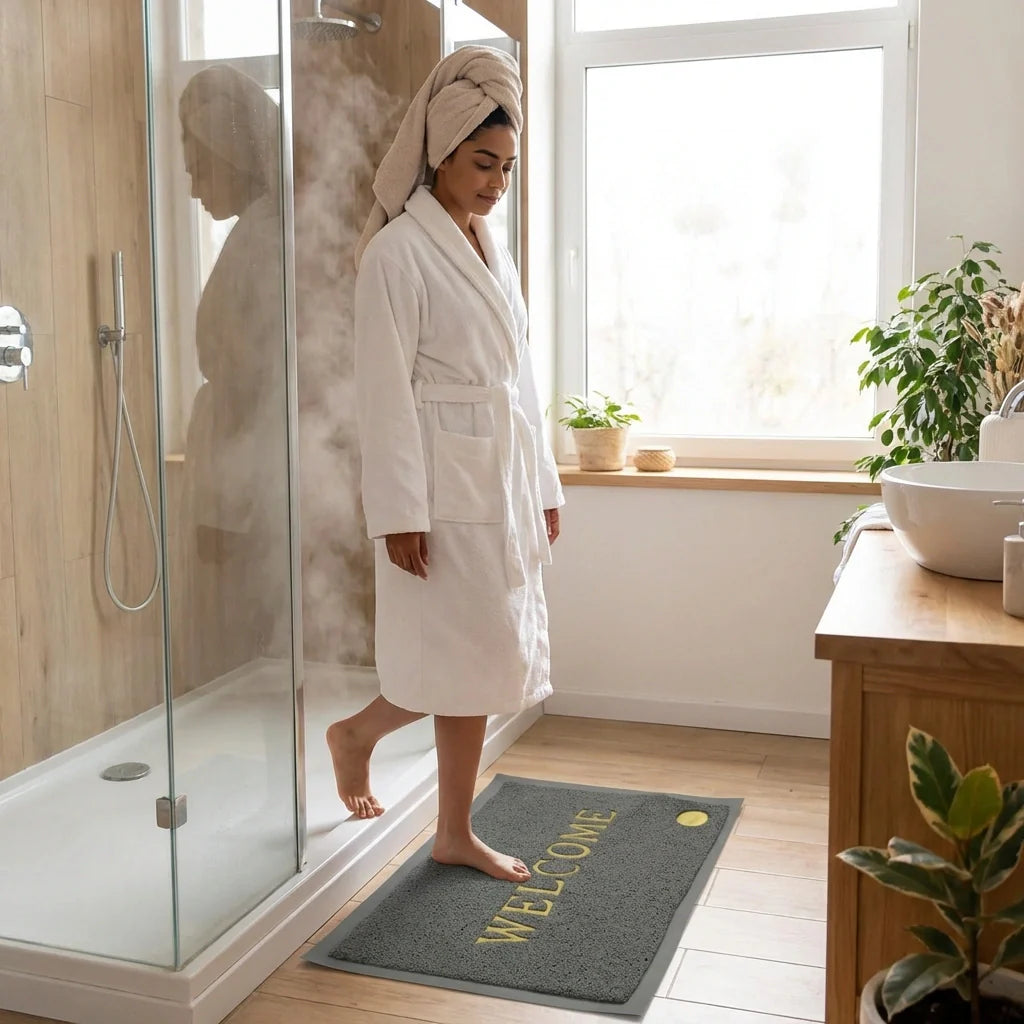 Welcome door mat, dark gray with yellow 'WELCOME' text