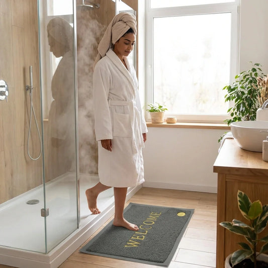 Welcome door mat, dark gray with yellow 'WELCOME' text