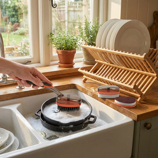 Wet dry brush set with red scrubbing heads and wooden holder by sink