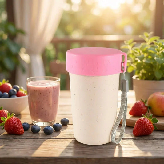 Wheat straw coffee mug with pink lid and loop handle, white body