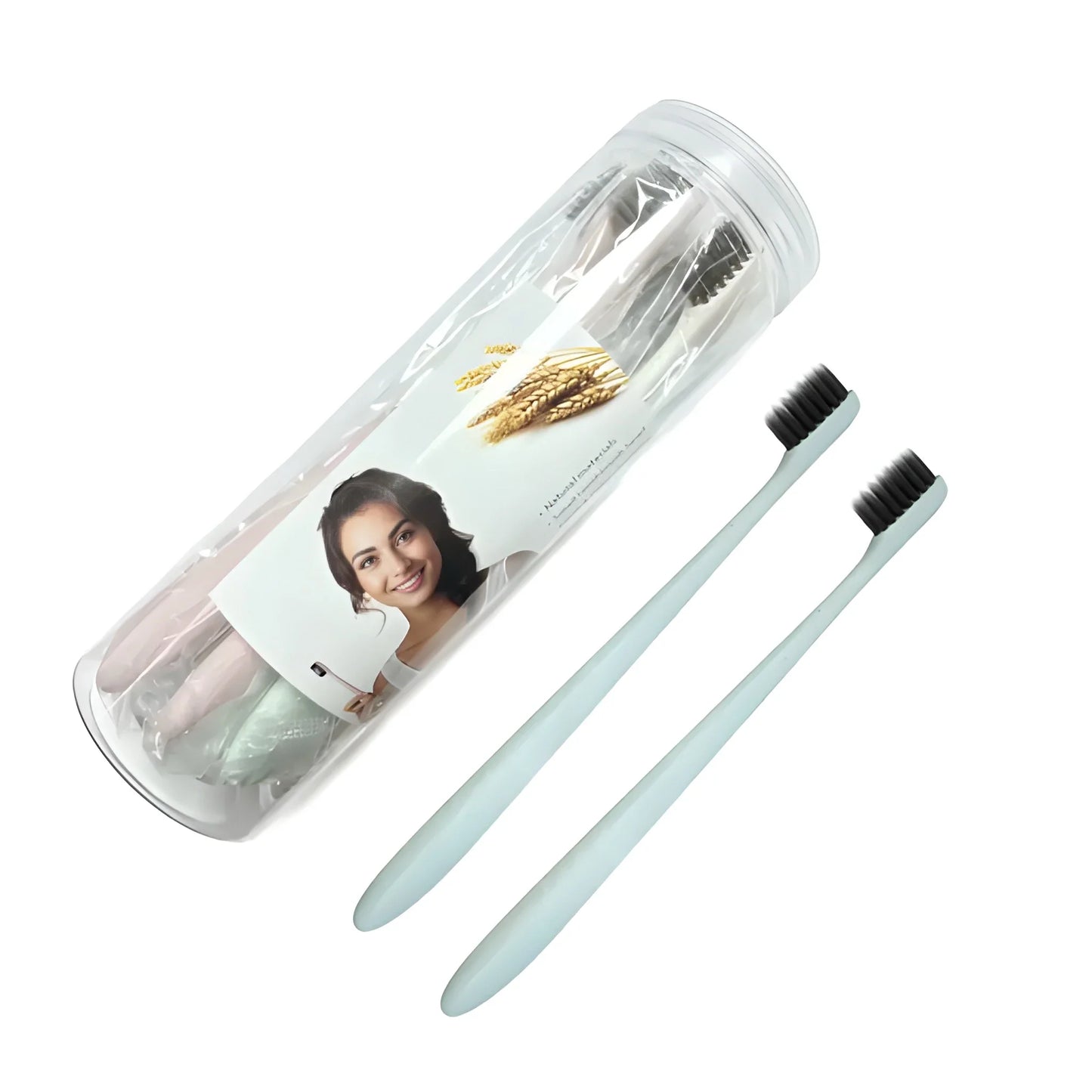 Mint wheat straw toothbrush set with two heads and soft bristles in clear pack