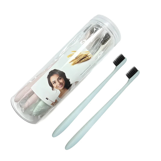 Mint wheat straw toothbrush set with two heads and soft bristles in clear pack