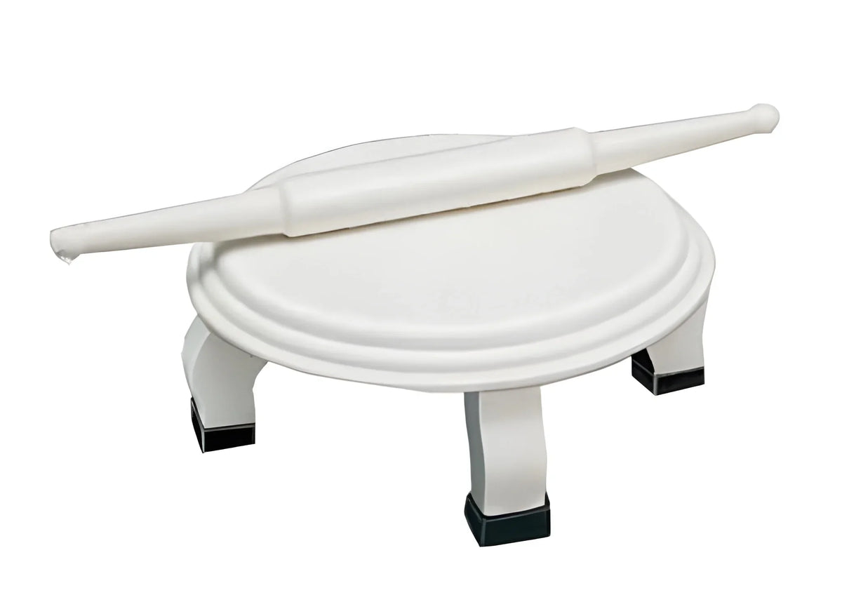 Plastic chapati belan with round base and roller, white, on short dark feet