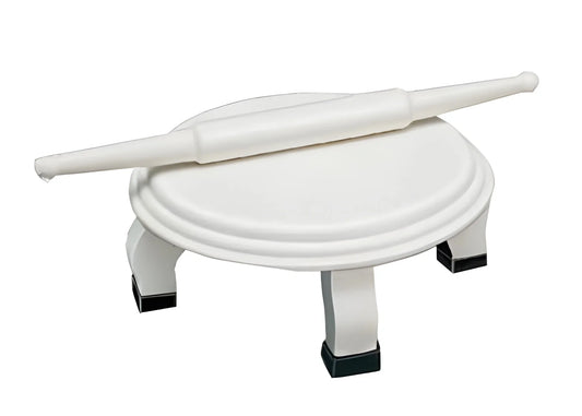 Plastic chapati belan with round base and roller, white, on short dark feet
