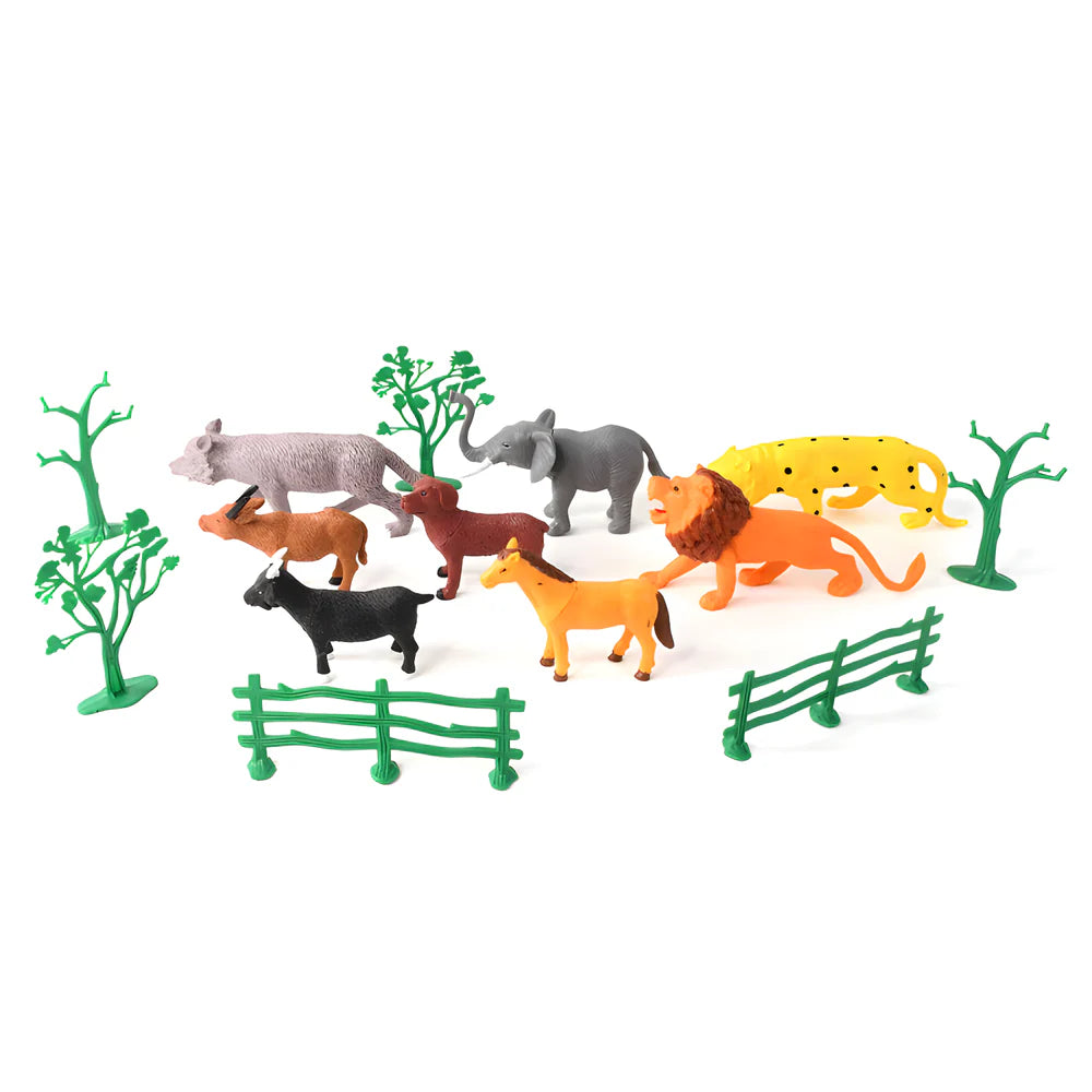 Wild animal toy set with animal figures, green fences, and tree decorations