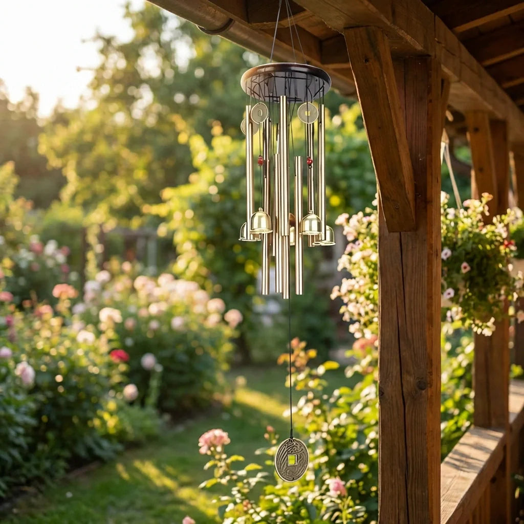 Outdoor hanging dragonfly wind chimes with multiple metal tubes and circular frame