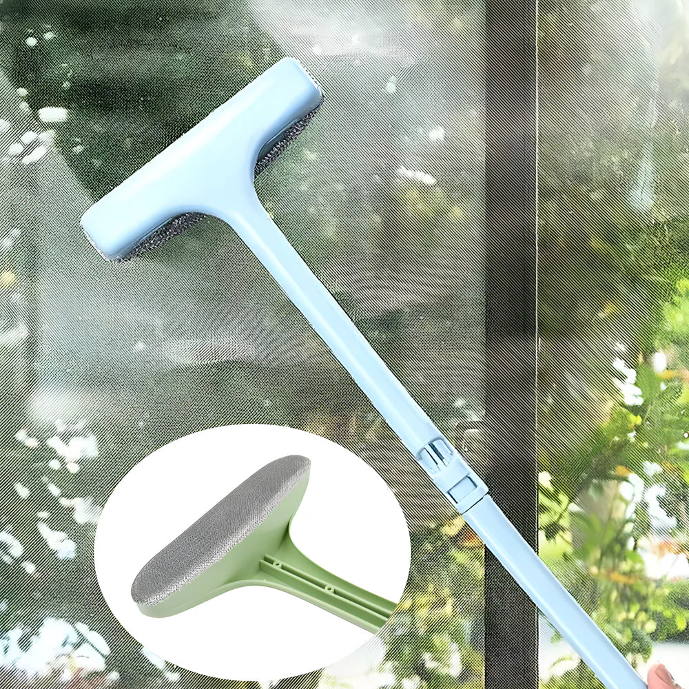 Window screen cleaning brush with light blue handle and dark bristle pad