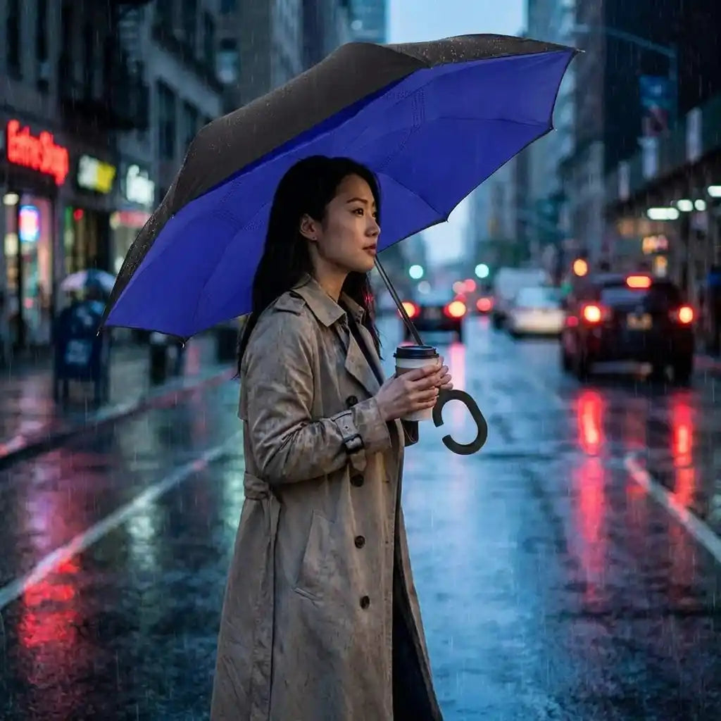 Windproof reverse umbrella with C handle, blue canopy with dark outer cover