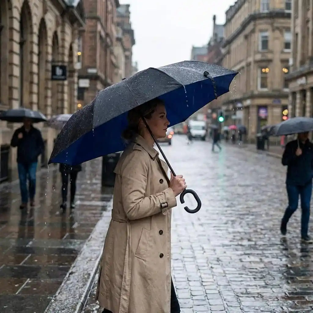 Windproof reverse umbrella with C handle, blue canopy and dark speckled exterior