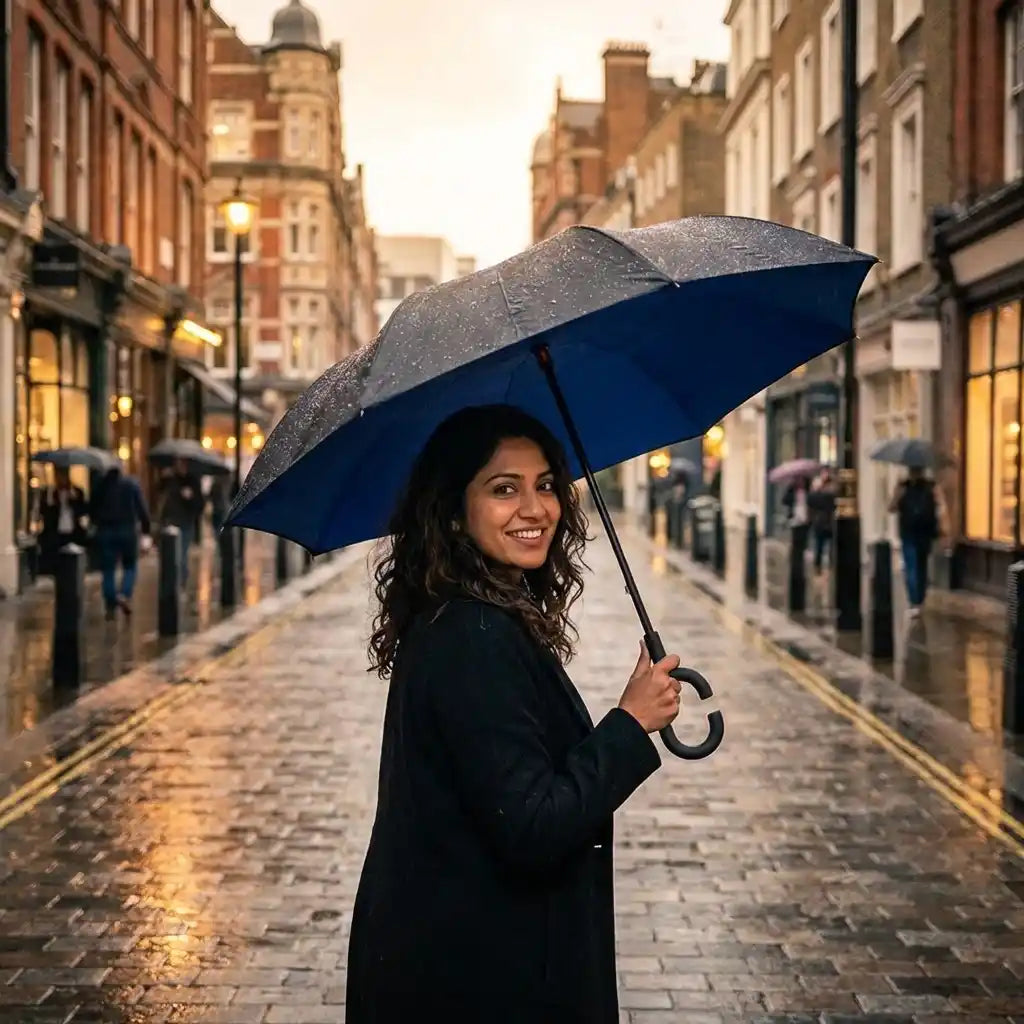 Windproof reverse umbrella with C handle, dark outer umbrella with blue interior