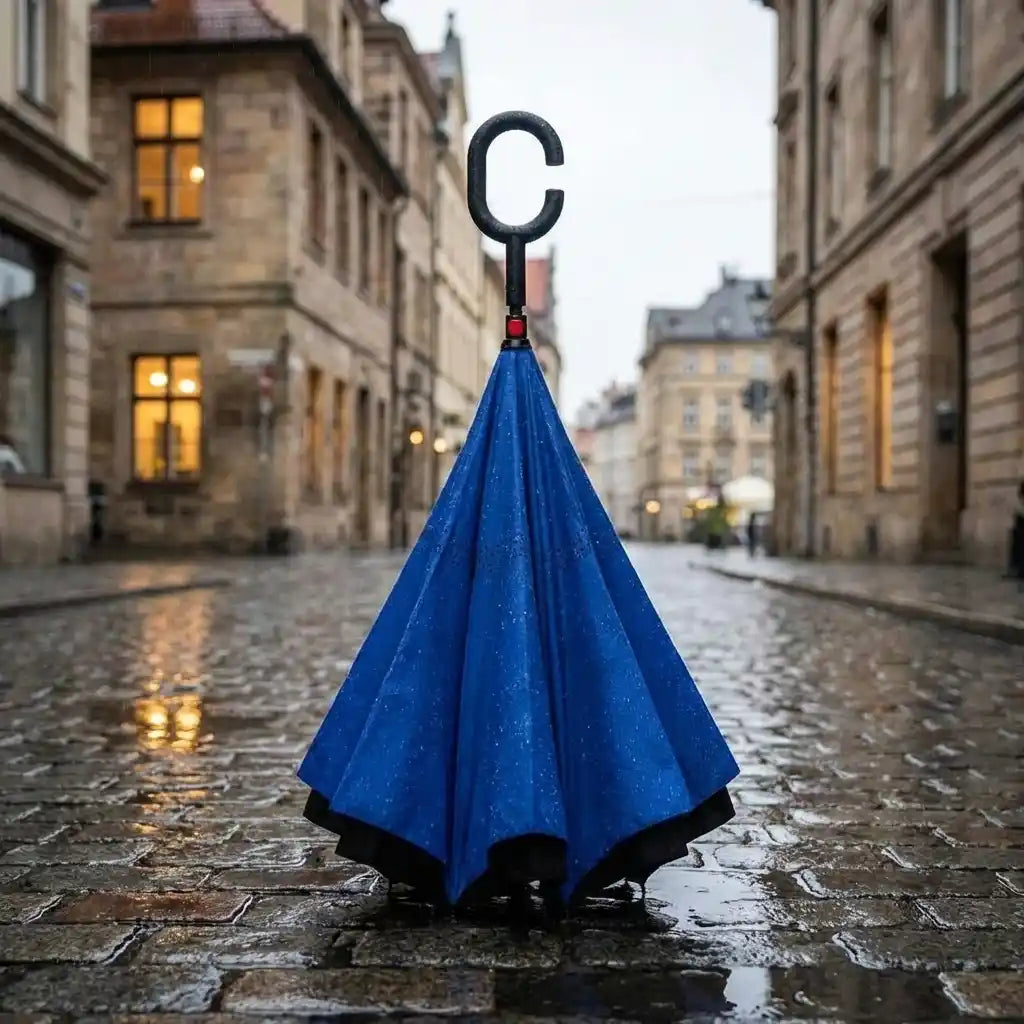 Windproof reverse umbrella with C handle, blue inverted canopy with water-resistant fabric