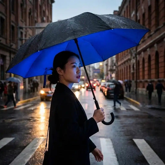 Windproof reverse umbrella with C handle, blue canopy and dark speckled outer fabric