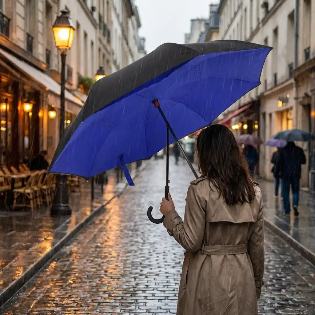 Windproof reverse umbrella with C handle, blue interior and dark outer dome