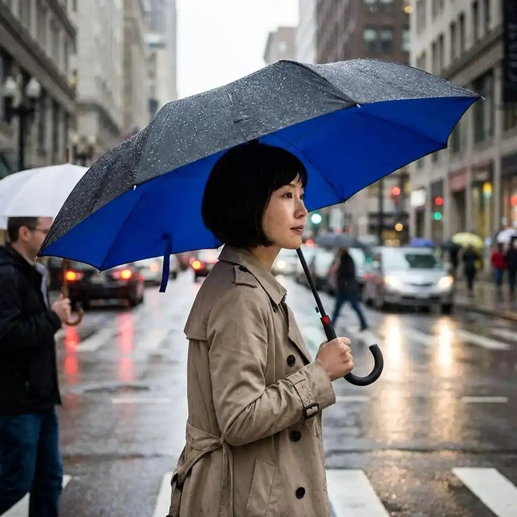 Windproof reverse umbrella with C handle, blue canopy and dark textured cover