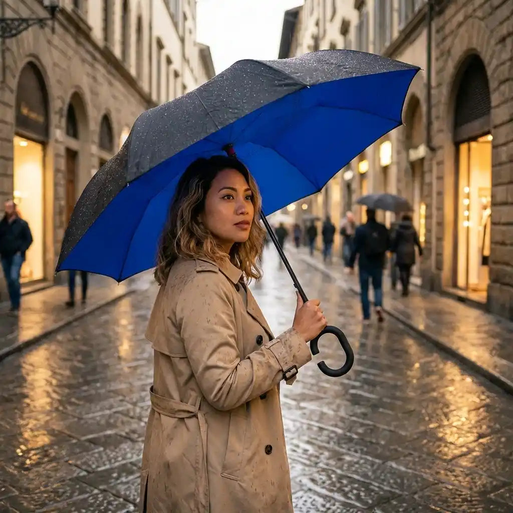 Windproof reverse umbrella with C handle, blue canopy and dark outer fabric