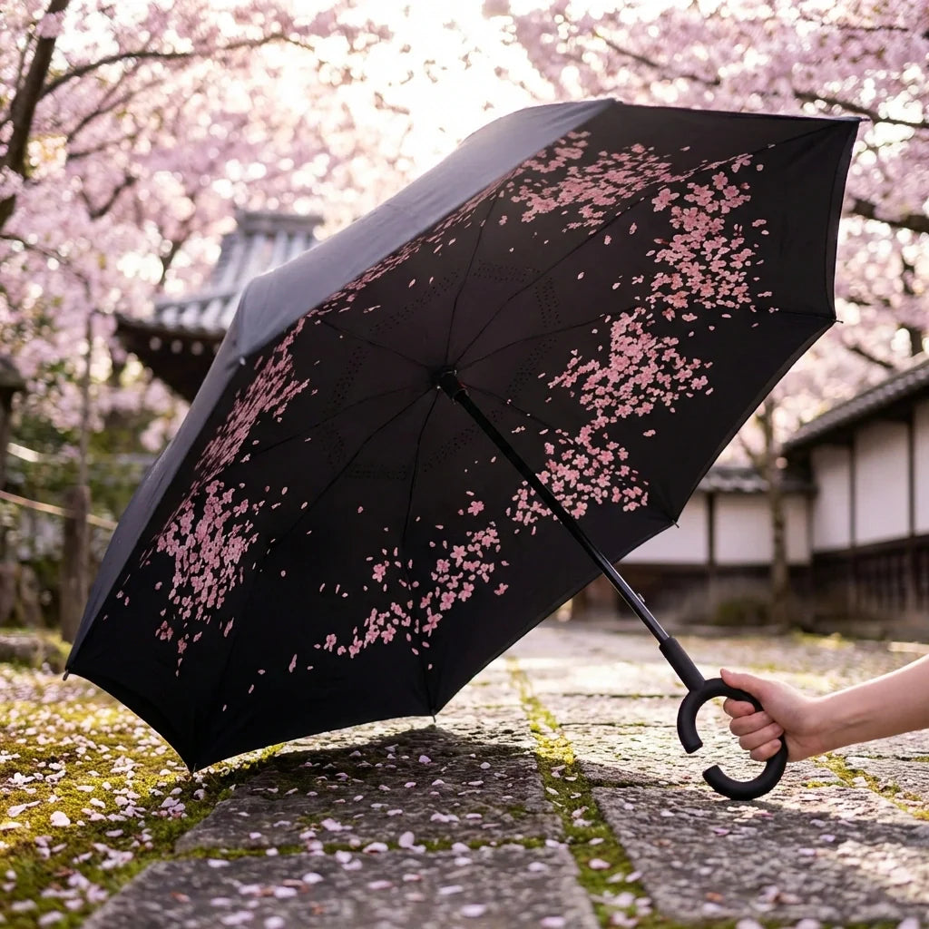 Windproof reverse umbrella with black canopy and pink cherry blossom print, curved handle