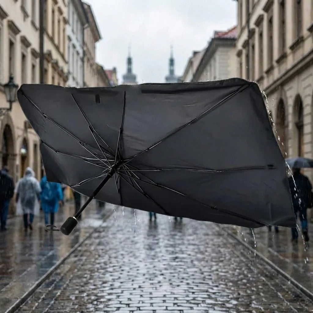 Dark umbrella sunshade with canopy ribs and handle