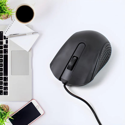 Wired optical mouse, black, right-side view with cable