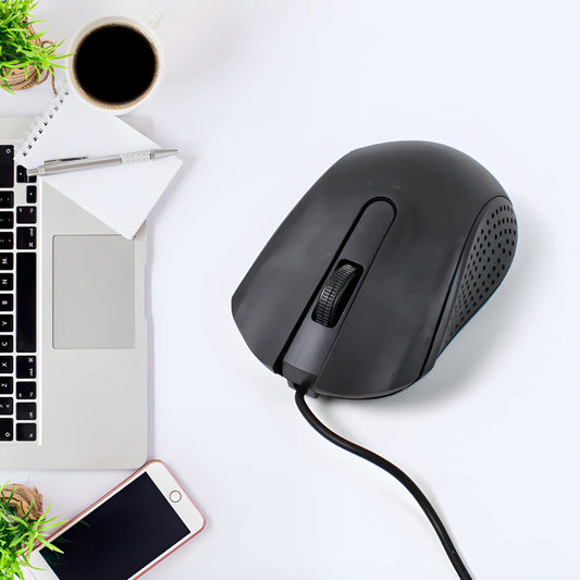 Wired optical mouse, black, right-side view with cable
