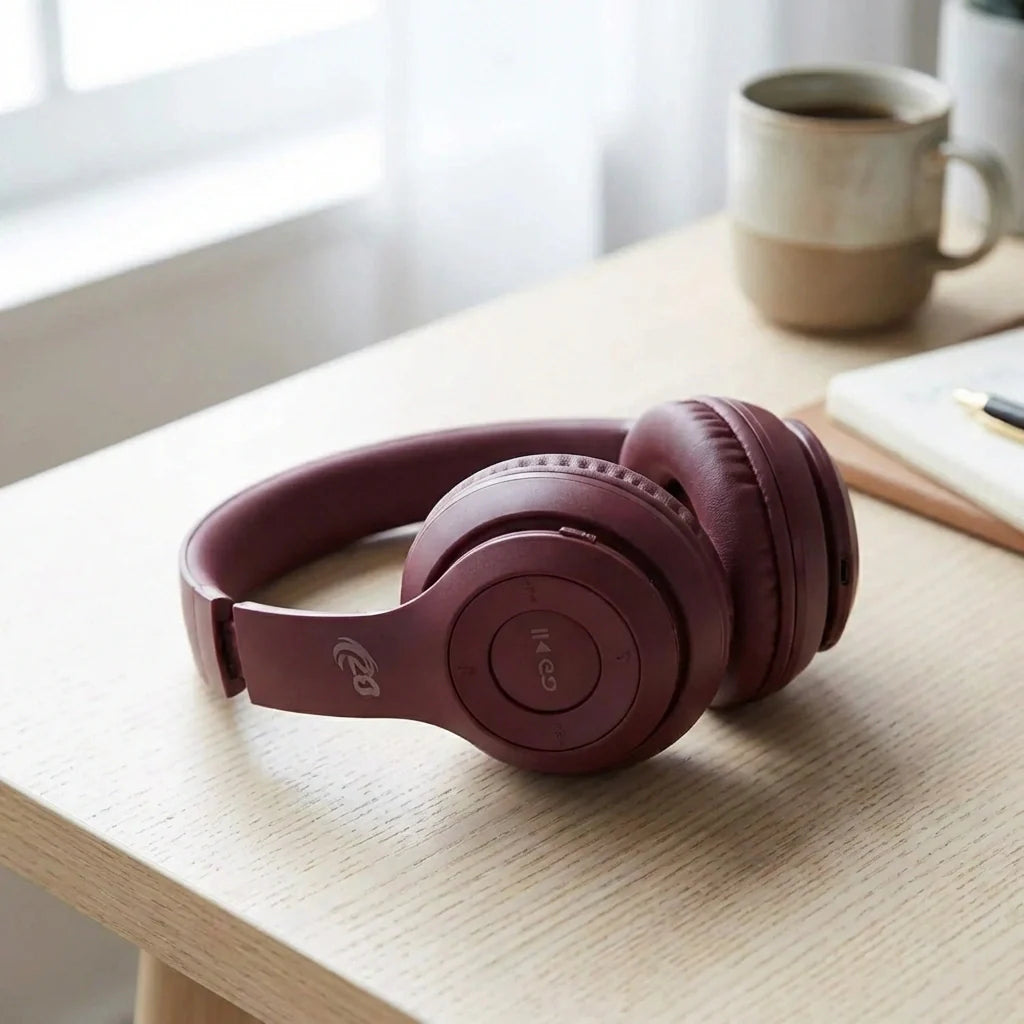 Wireless Bluetooth over-ear headphones, burgundy with padded headband and earcups