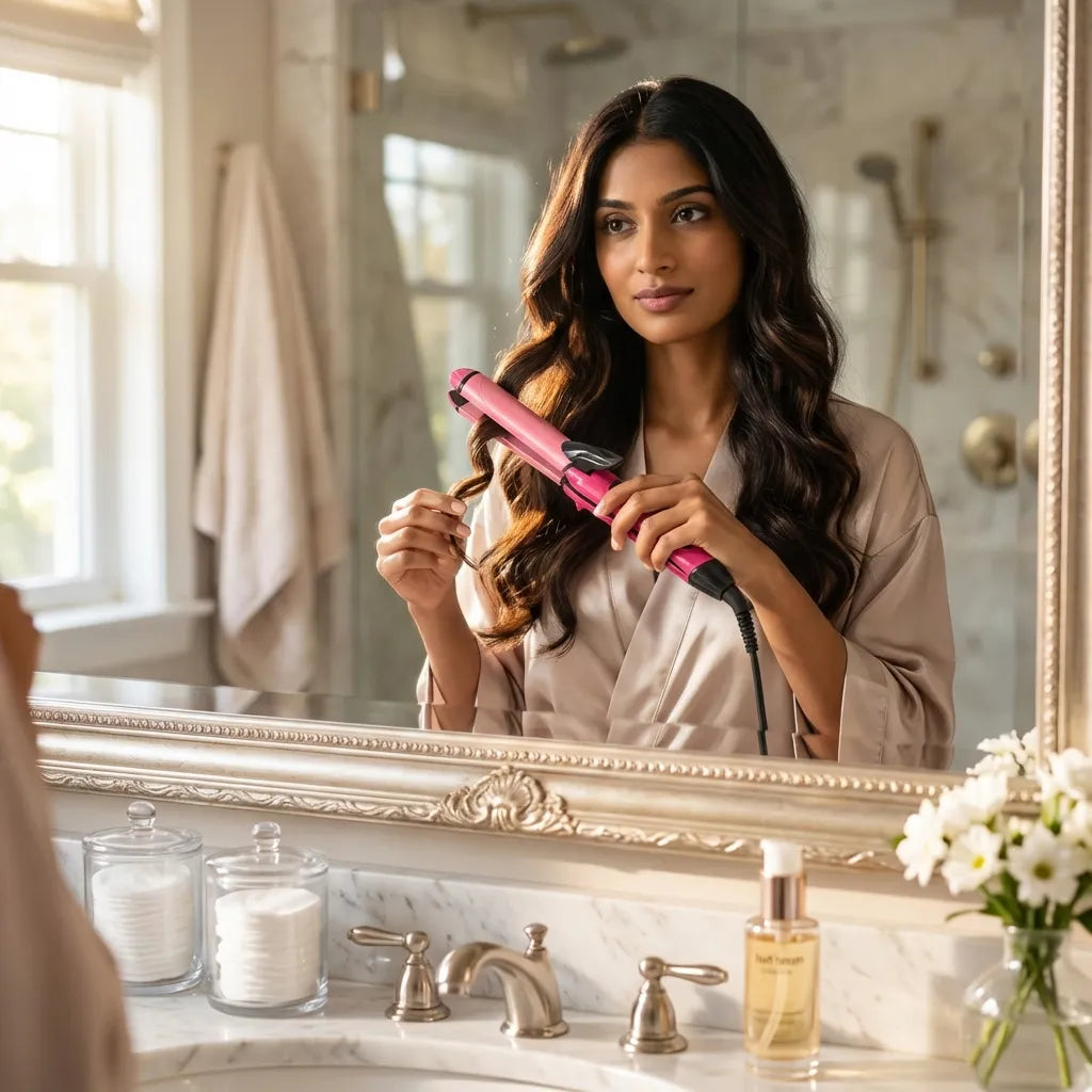 Women’s hair styler machine with pink and black barrel and power cord