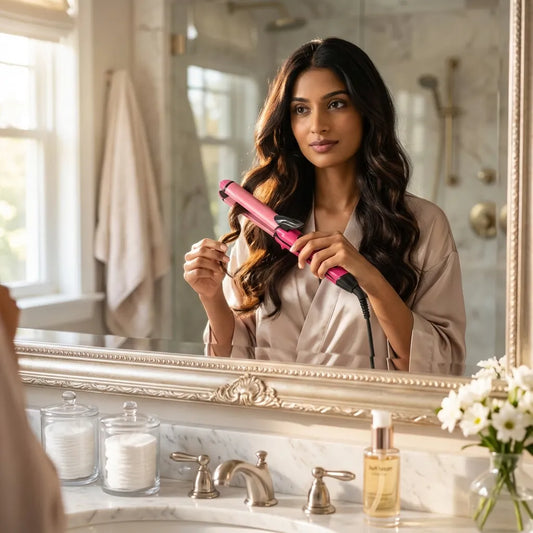 Women’s hair styler machine with pink and black barrel and power cord