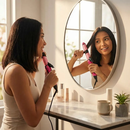 Women’s hair styler machine in pink and black held in front of a mirror