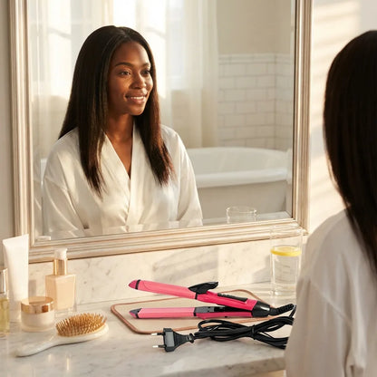 Women’s hair styler machine set with pink and black tools and power cord on counter