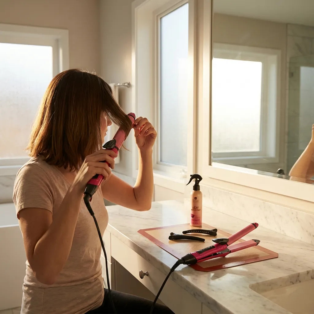 Women’s hair styler machine with pink and black parts on bathroom counter