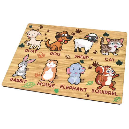 Wooden animal puzzle board with goat, dog, sheep, cat, rabbit, mouse, elephant and squirrel