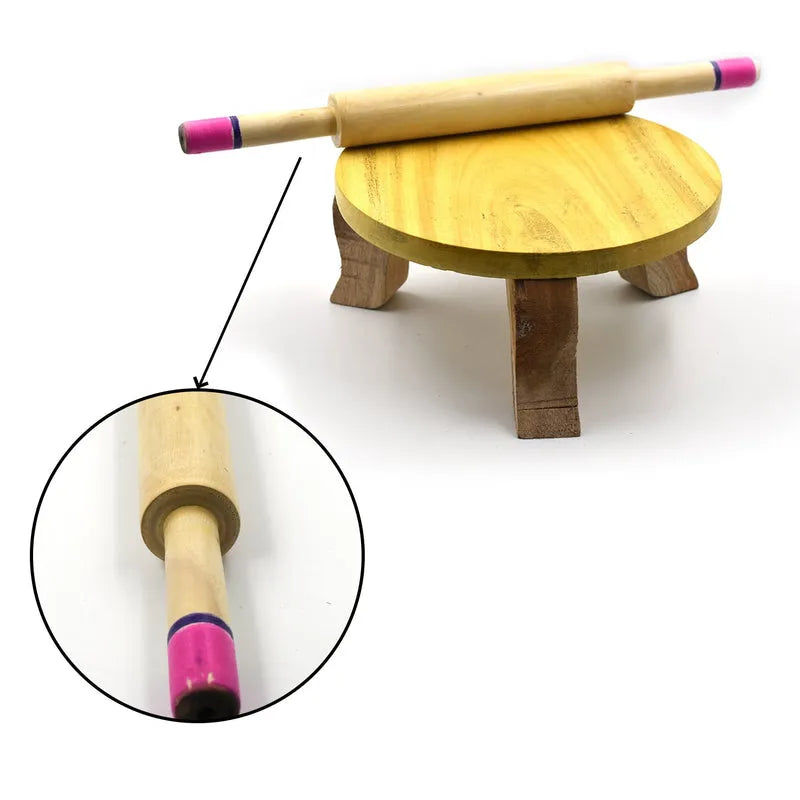 Wooden roti rolling pin with purple handle ends and matching round base