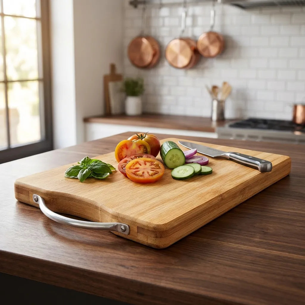 Rectangular wooden chopping board with metal carry handle at edge