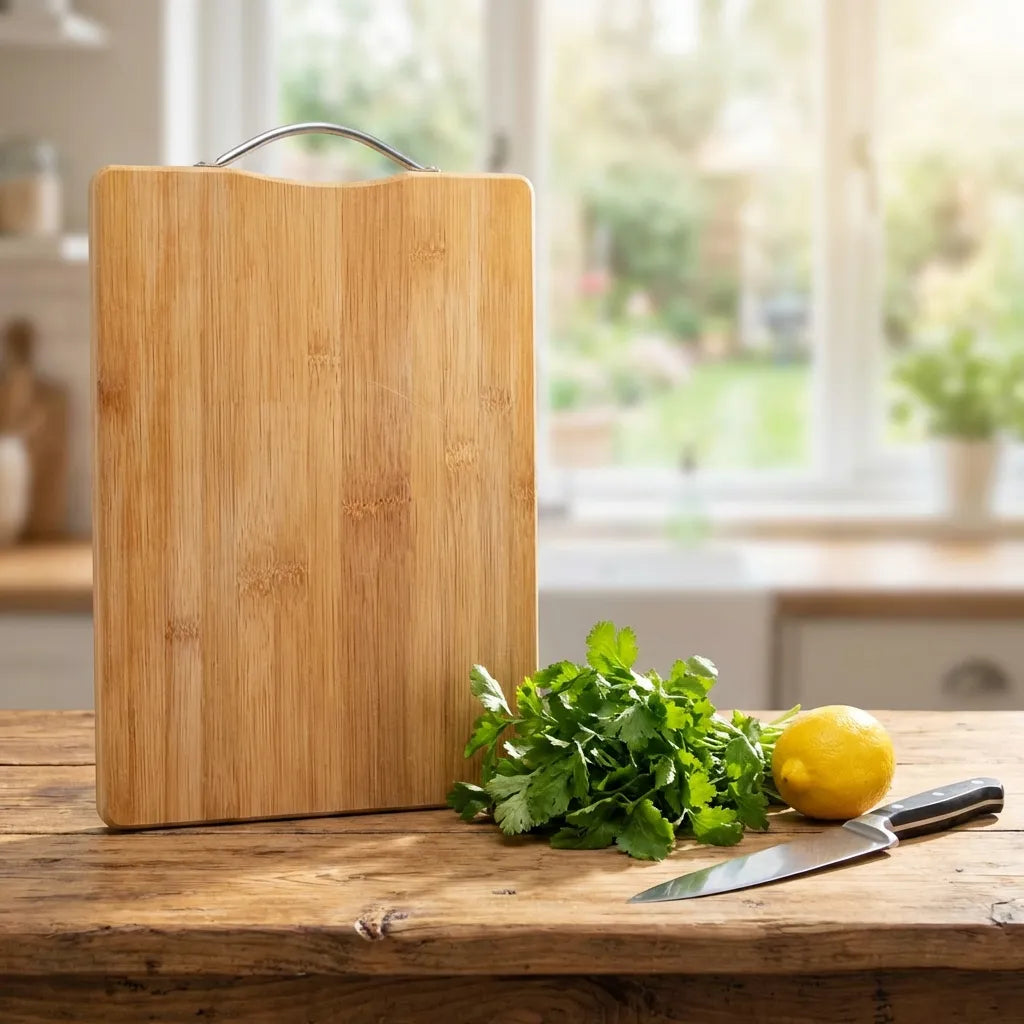 Wooden chopping board with metal top handle, rectangular cutting surface