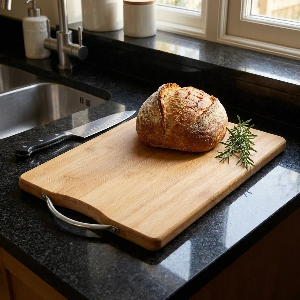 Rectangular wooden chopping board with metal side grip and flat cutting surface