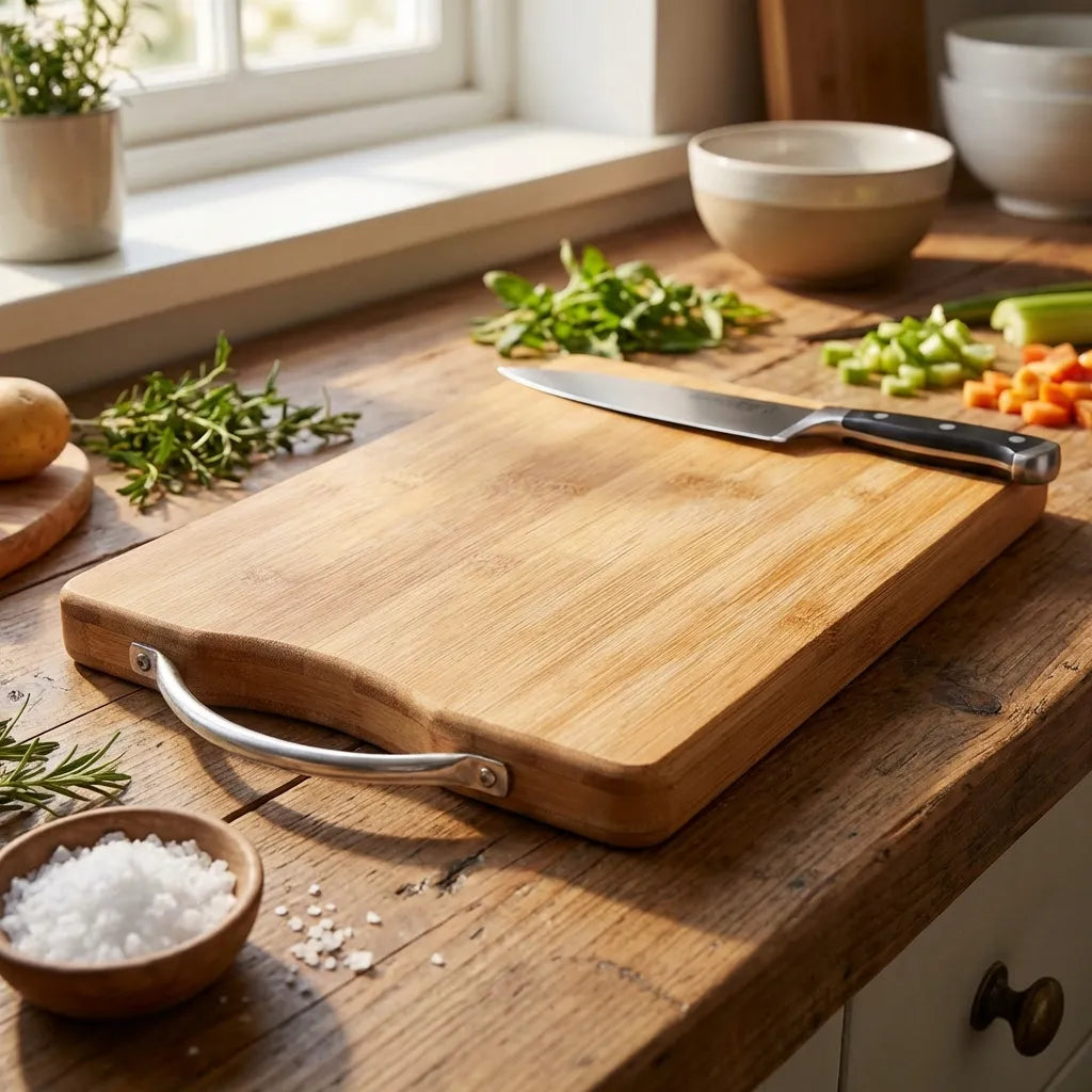 Rectangular wooden chopping board with metal loop handle and smooth cutting surface