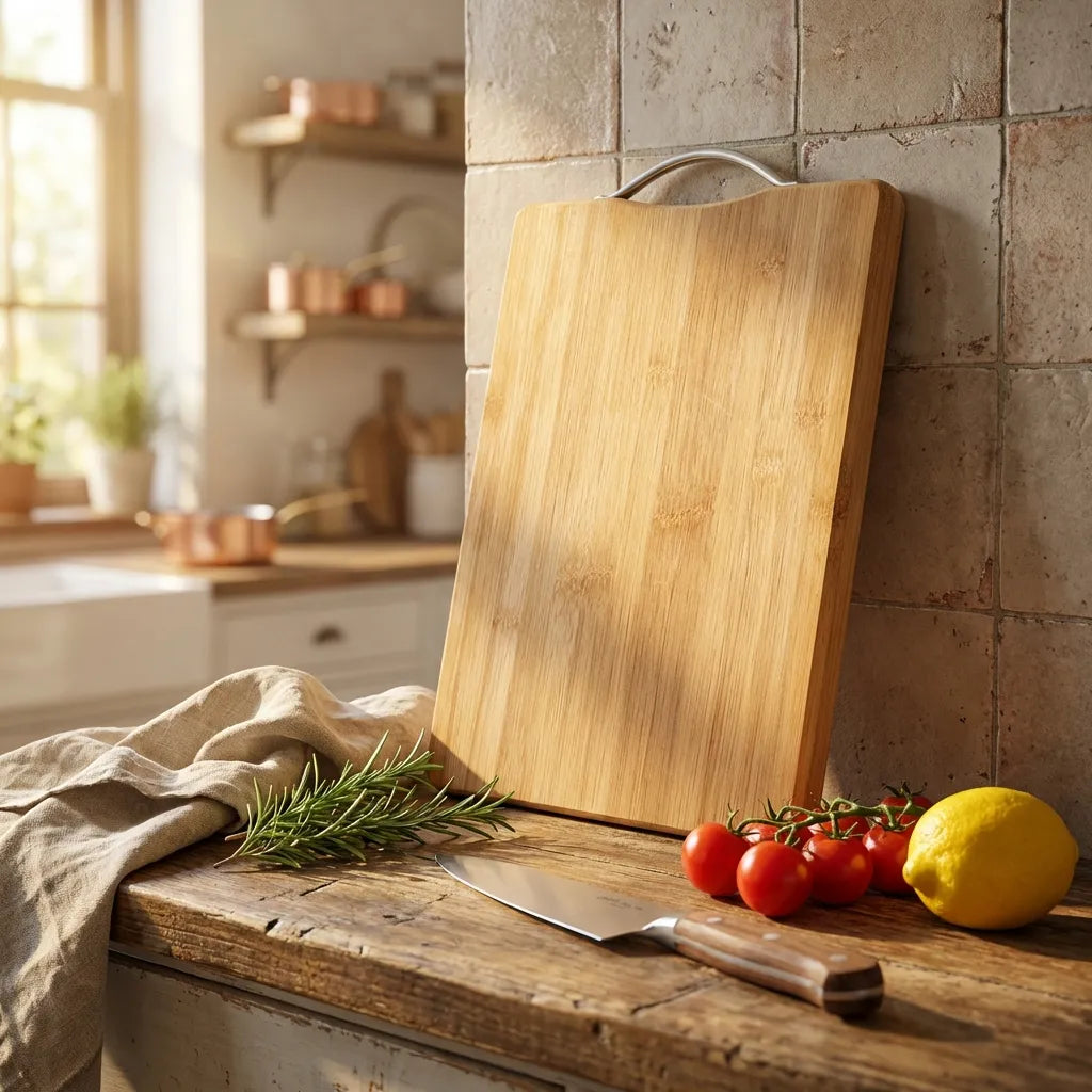 Rectangular wooden chopping board with metal edge handle