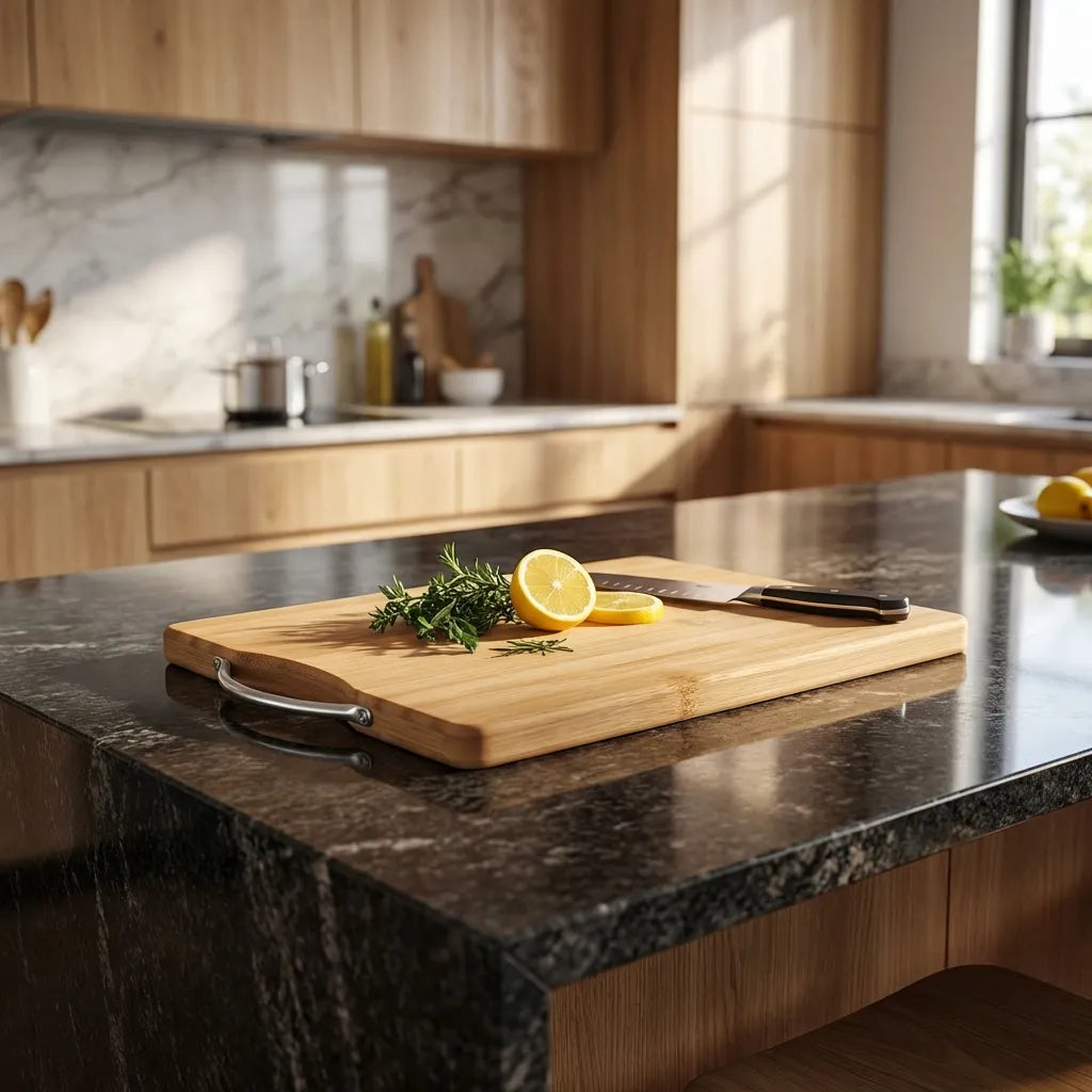 Rectangular wooden chopping board with metal side carry handle