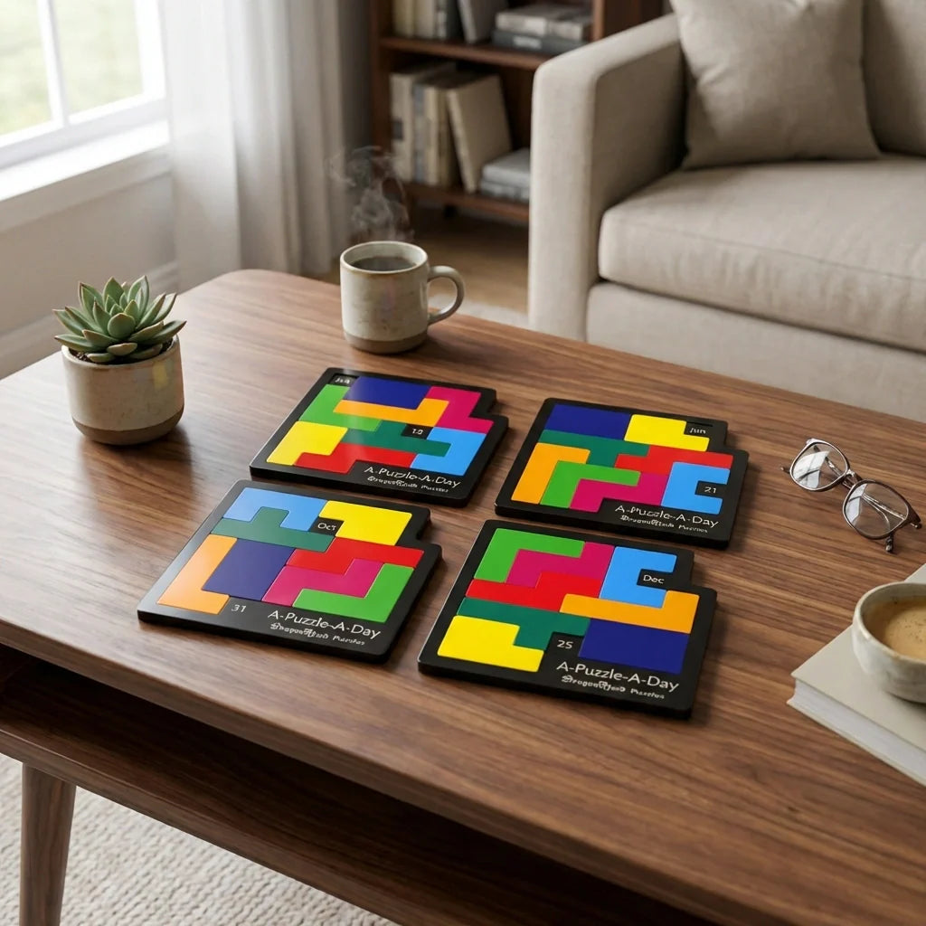 Wooden daily calendar puzzle with colorful interlocking tile cards