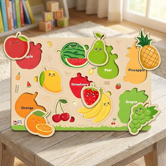 Wooden fruits puzzle learning board with colorful fruit cutouts and knobs