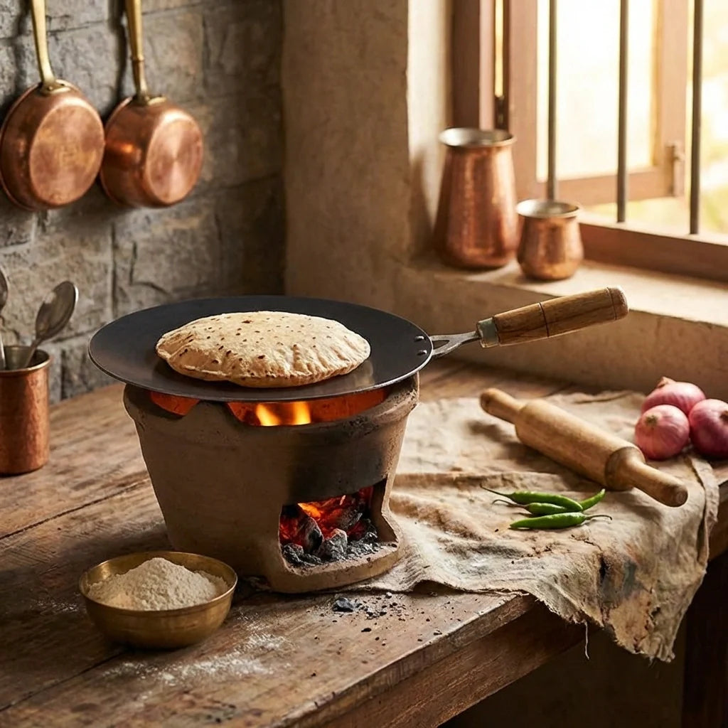 Roti tawa skillet with wooden handle over open flame, roti on pan.