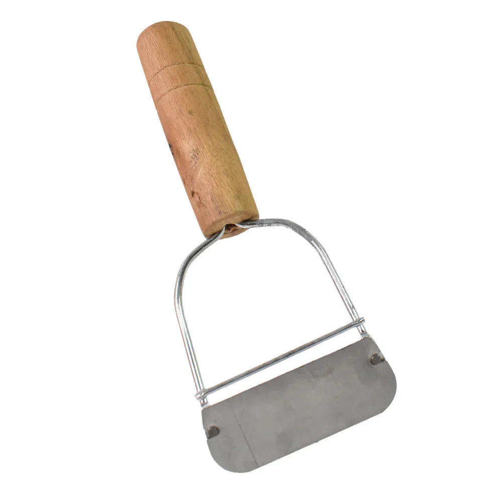Wooden handle vegetable peeler with curved stainless steel blade and loop guard
