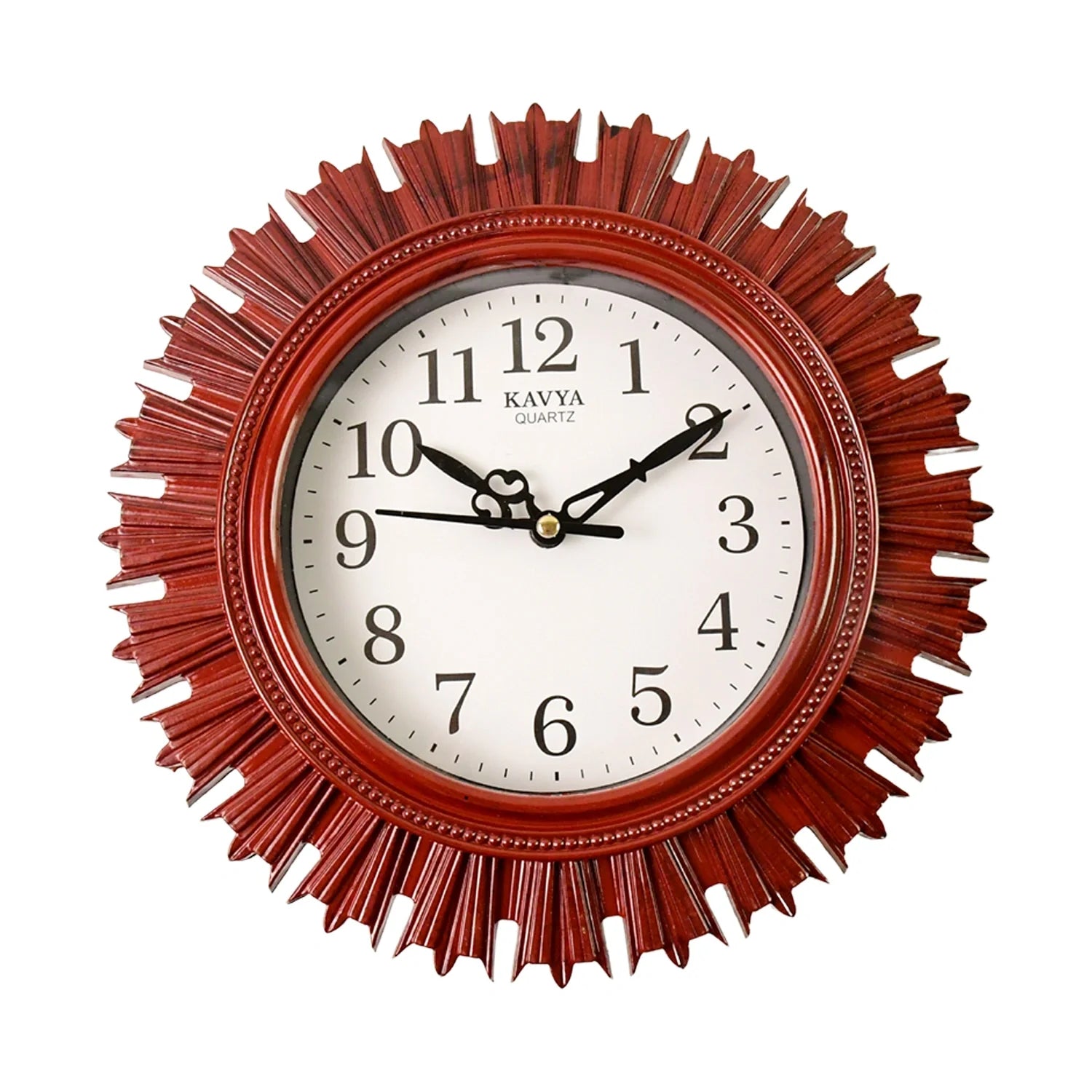 Wooden-look wall clock with red ridged frame, white dial, Arabic numerals, black hands