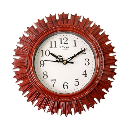 Wooden-look wall clock with red ridged frame, white dial, Arabic numerals, black hands