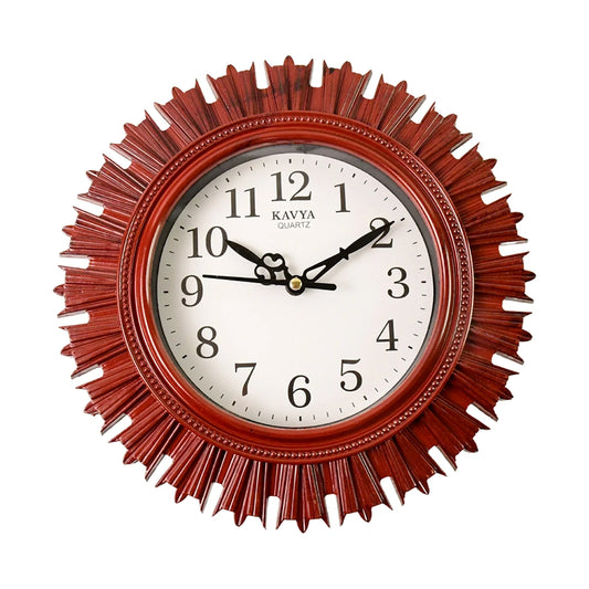Wooden-look wall clock with red ridged frame, white dial, Arabic numerals, black hands