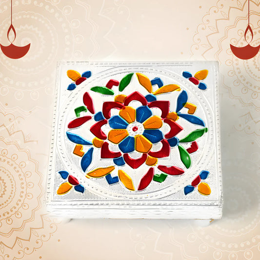 Wooden Meenakari chowki, square floral mosaic on white base
