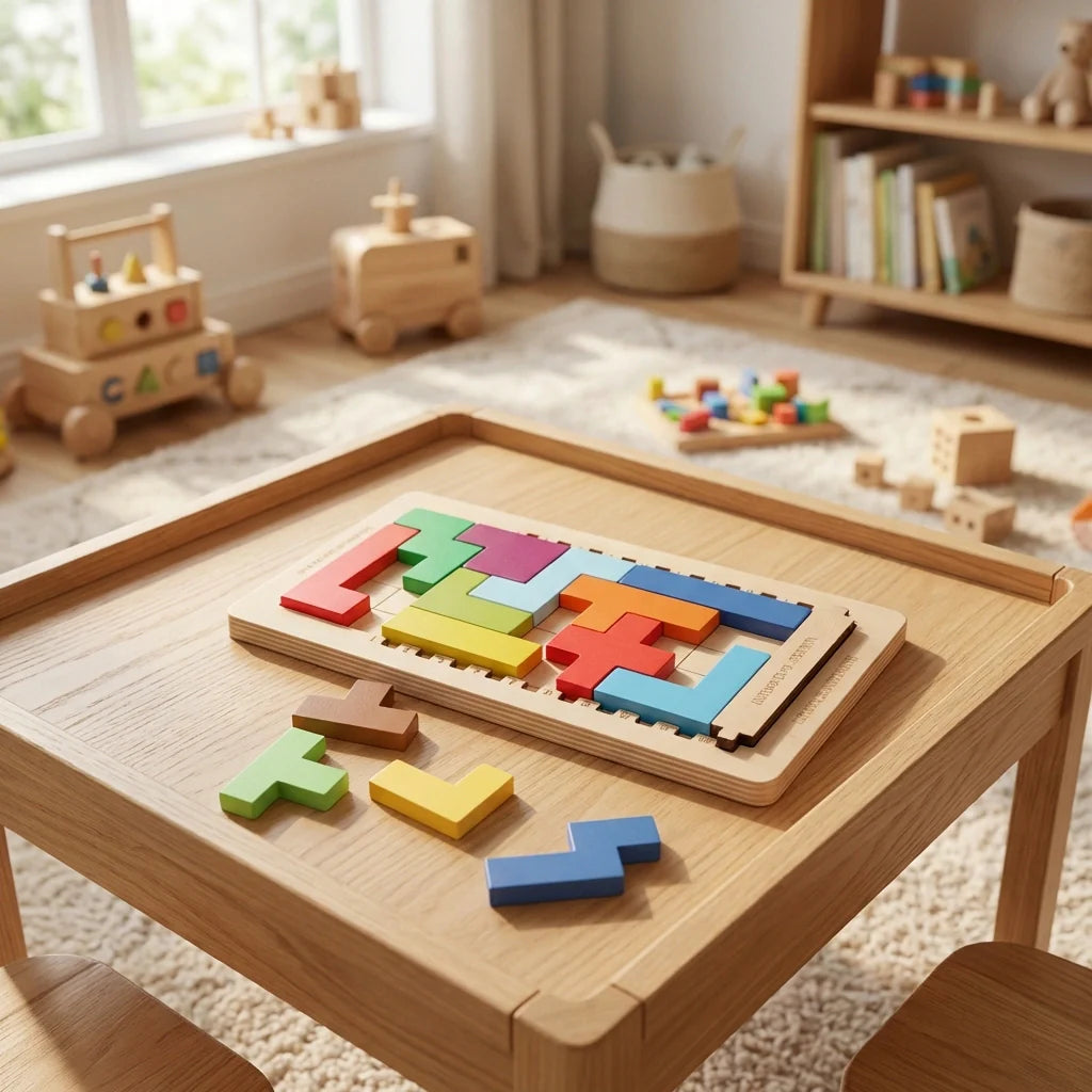 Wooden mind puzzle game with colorful interlocking block pieces on wooden tray